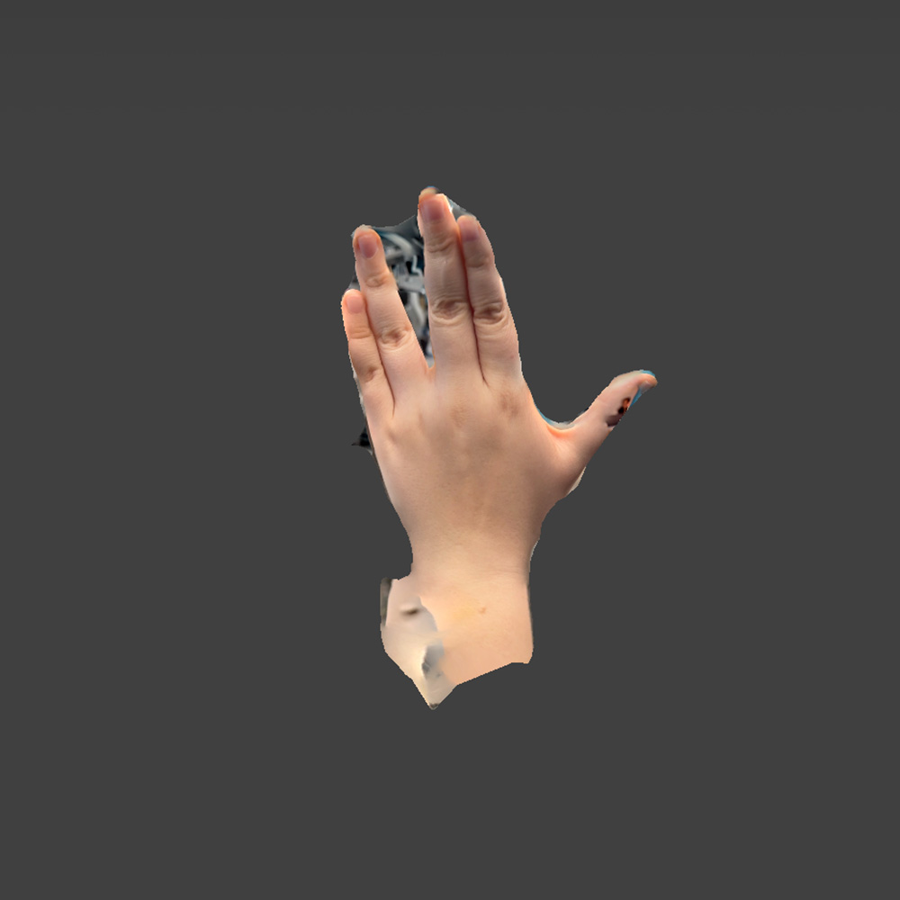 Rendered scan of the back of a hand making the vulcan salute in scaniverse.